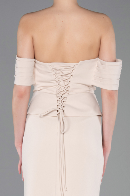Bej Straplez Peplum Kesim Uzun Abiye Elbise ABU5559
