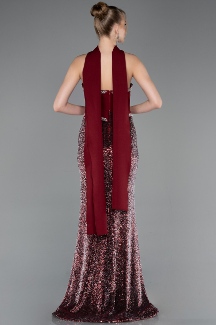 Bordo Asimetrik Straplez Peplum Uzun Pullu Balık Abiye ABU5703