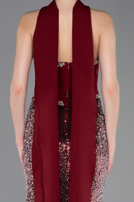 Bordo Asimetrik Straplez Peplum Uzun Pullu Balık Abiye ABU5703
