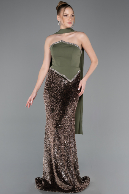 Haki Asimetrik Straplez Peplum Uzun Pullu Balık Abiye ABU5703