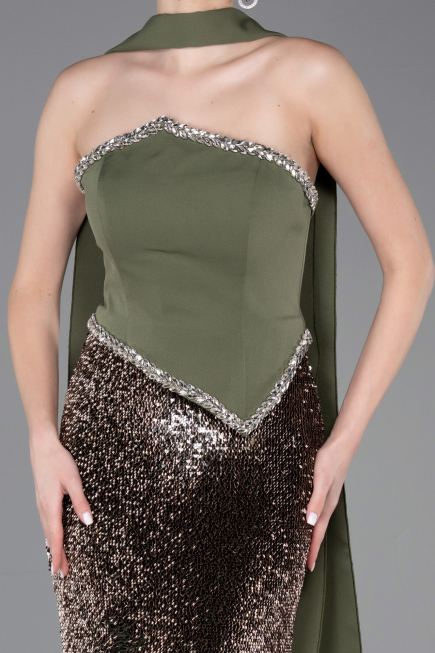 Haki Asimetrik Straplez Peplum Uzun Pullu Balık Abiye ABU5703