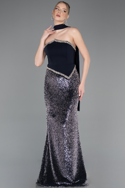 Lacivert Asimetrik Straplez Peplum Uzun Pullu Balık Abiye ABU5703