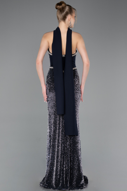 Lacivert Asimetrik Straplez Peplum Uzun Pullu Balık Abiye ABU5703