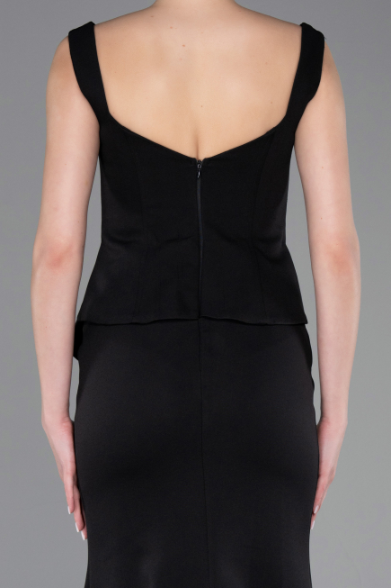 Siyah-Gold Kolsuz Kare Yaka Peplum Uzun Balık Abiye ABU5768