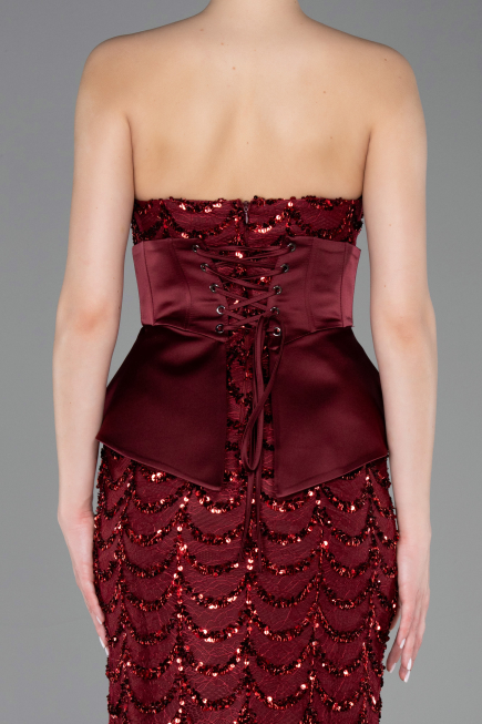Bordo Straplez Portatif Korse Detay Uzun Pullu Abiye ABU5979
