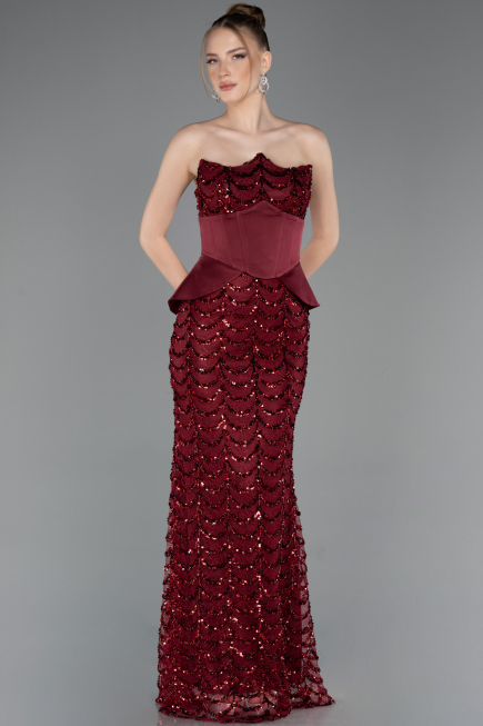 Bordo Straplez Portatif Korse Detay Uzun Pullu Abiye ABU5979