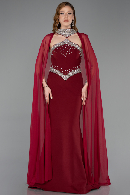 Bordo Taşlı Straplez Yaka Peplum Uzun Balık Abiye Elbise ABU5866