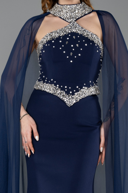 Lacivert Taşlı Straplez Yaka Peplum Uzun Balık Abiye Elbise ABU5866