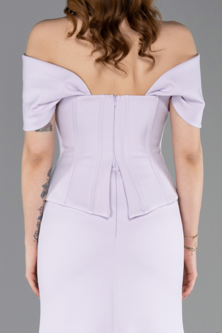 Lila Düşük Omuz Balenli Korse Form Uzun Abiye Elbise ABU6002