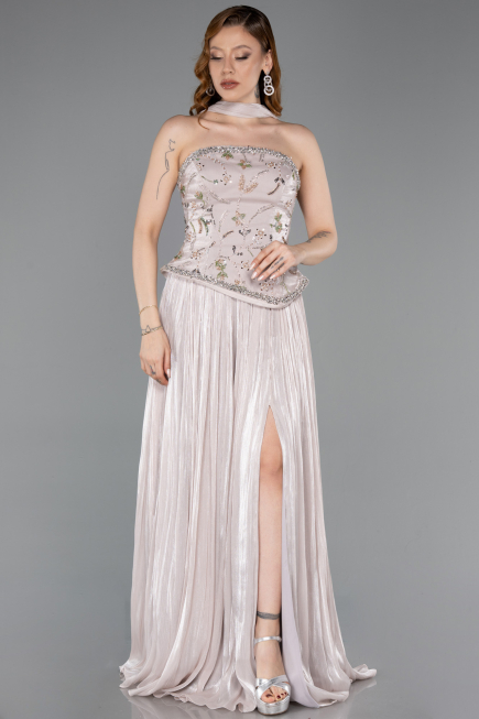Vizon Straplez Peplum Kesim Pliseli Uzun Abiye ABU5786