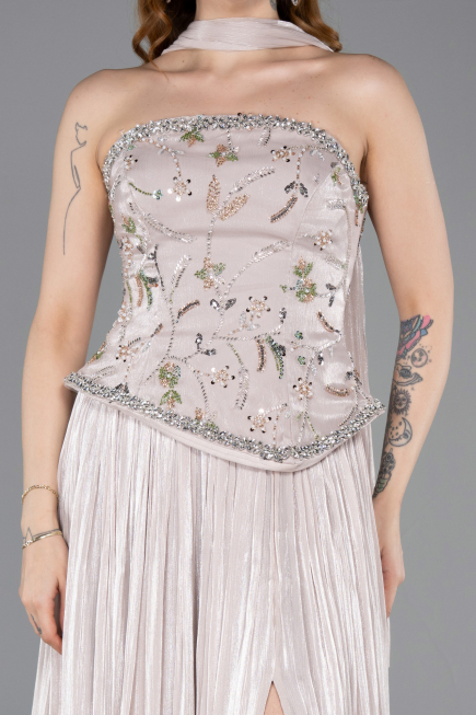 Vizon Straplez Peplum Kesim Pliseli Uzun Abiye ABU5786