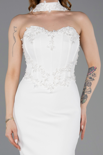 Ekru Taş İşlemeli Kalp Yaka Şallı Midi Nikah Elbisesi ABK2593
