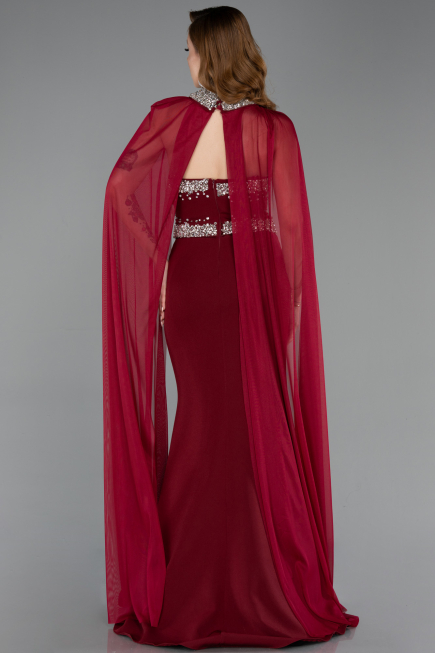 Bordo Taşlı Straplez Yaka Peplum Uzun Balık Abiye Elbise ABU5866