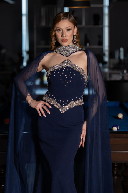 Lacivert Taşlı Straplez Yaka Peplum Uzun Balık Abiye Elbise ABU5866