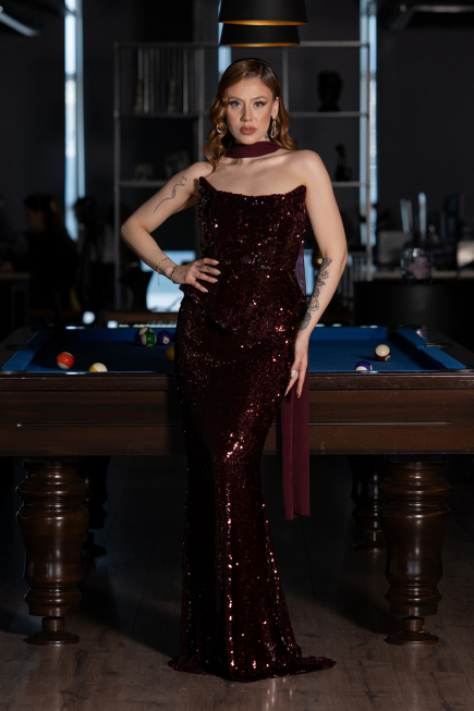 Bordo Straplez Yaka Peplum Kesim Uzun Pul Payet Abiye ABU5721