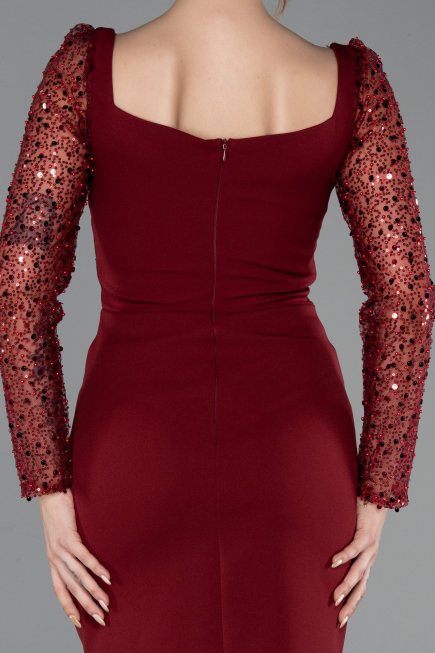 Bordo Pullu Uzun Kol Kare Yaka Midi Davet Elbisesi ABK2387