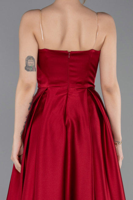Bordo Straplez Uzun Saten Abiye Elbise ABU5105