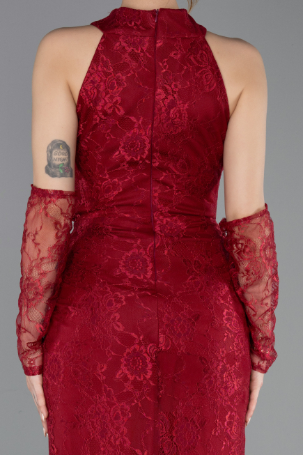Bordo Halter Yaka Eldivenli Uzun Dantel Balık Abiye ABU5598