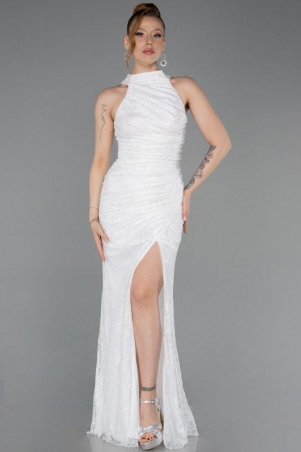 Ekru Halter Yaka Eldivenli Uzun Dantel Balık Abiye ABU5598