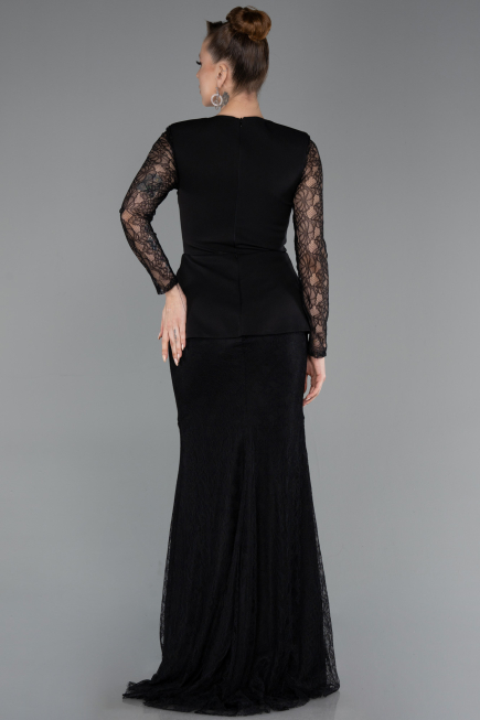 Siyah Dantelli Uzun Kol Peplum Kesim Abiye Elbise ABU6014