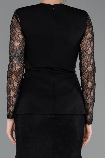 Siyah Dantelli Uzun Kol Peplum Kesim Abiye Elbise ABU6014