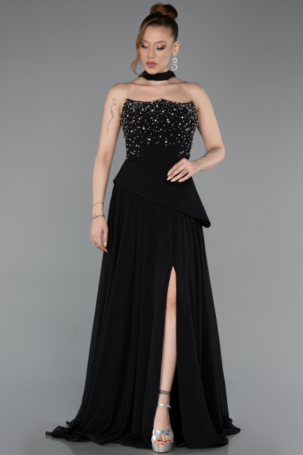 Siyah Taşlı Straplez Peplum Yırtmaçlı Uzun Şifon Abiye ABU6018
