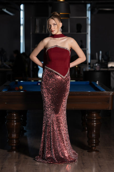 Bordo Asimetrik Straplez Peplum Uzun Pullu Balık Abiye ABU5703