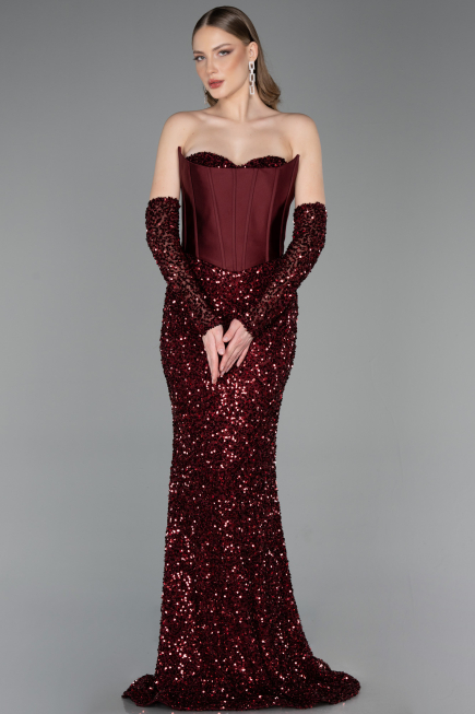 Bordo Straplez Portatif Korse Detay Uzun Pullu Abiye ABU6041