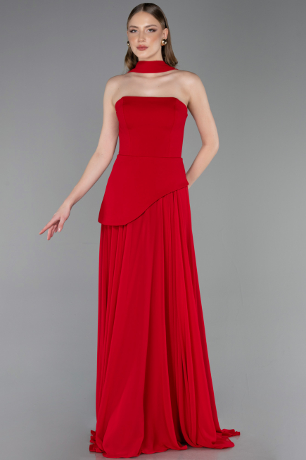 Kırmızı Straplez Peplum Kesim Şallı Uzun Şifon Abiye ABU6042