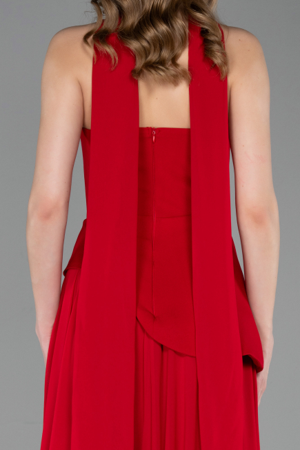 Kırmızı Straplez Peplum Kesim Şallı Uzun Şifon Abiye ABU6042