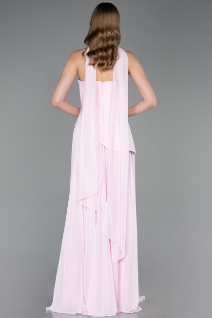 Pudra Straplez Peplum Kesim Şallı Uzun Şifon Abiye ABU6042