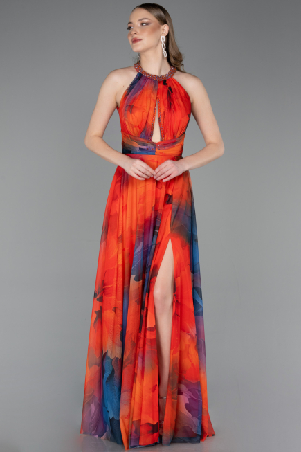 Orange Halter Yaka Yırtmaçlı Uzun Empirme Abiye Elbisesi ABU6048