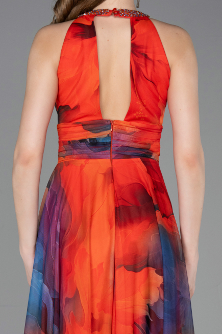 Orange Halter Yaka Yırtmaçlı Uzun Empirme Abiye Elbisesi ABU6048