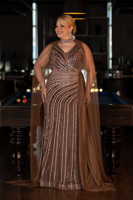 Bakır Kolsuz V Yaka Uzun Taşlı Büyük Beden Abiye ABU6024