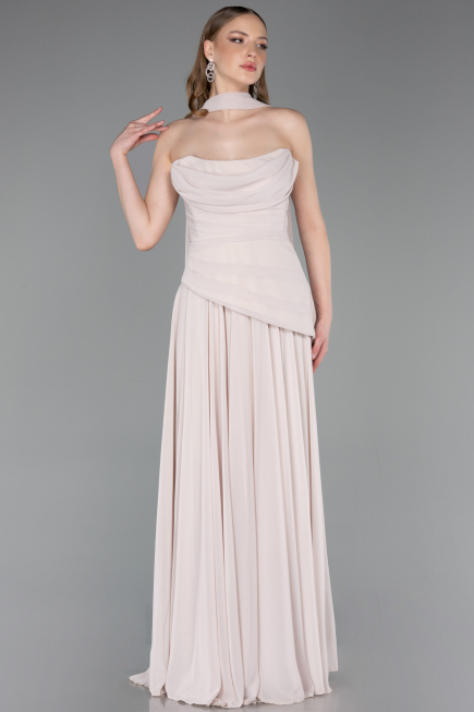 Bej Straplez Peplum Kesim Uzun Şifon Abiye Elbise ABU5763