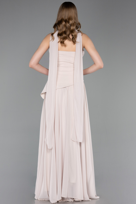 Bej Straplez Peplum Kesim Uzun Şifon Abiye Elbise ABU5763