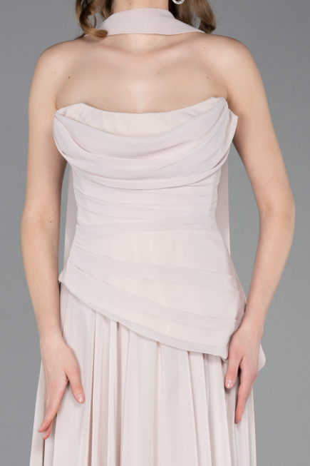 Bej Straplez Peplum Kesim Uzun Şifon Abiye Elbise ABU5763