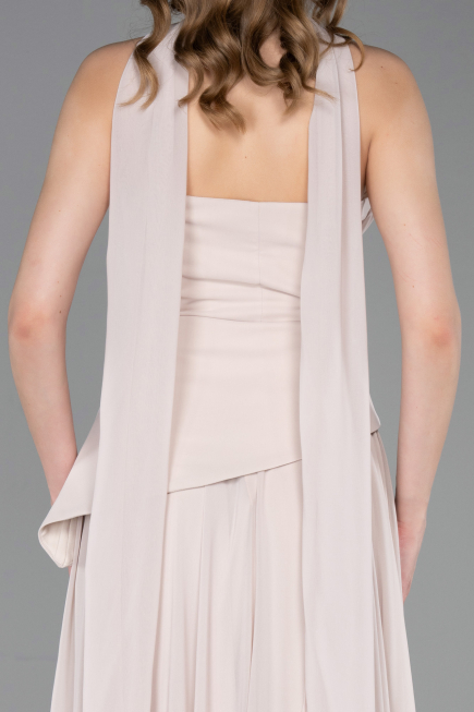 Bej Straplez Peplum Kesim Uzun Şifon Abiye Elbise ABU5763