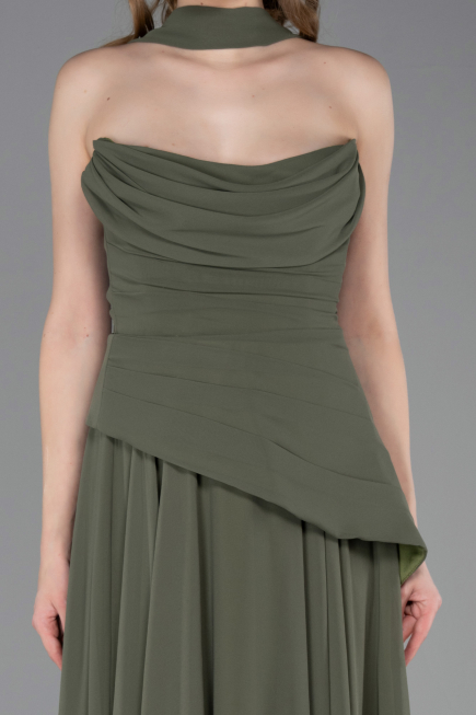 Haki Straplez Peplum Kesim Uzun Şifon Abiye Elbise ABU5763