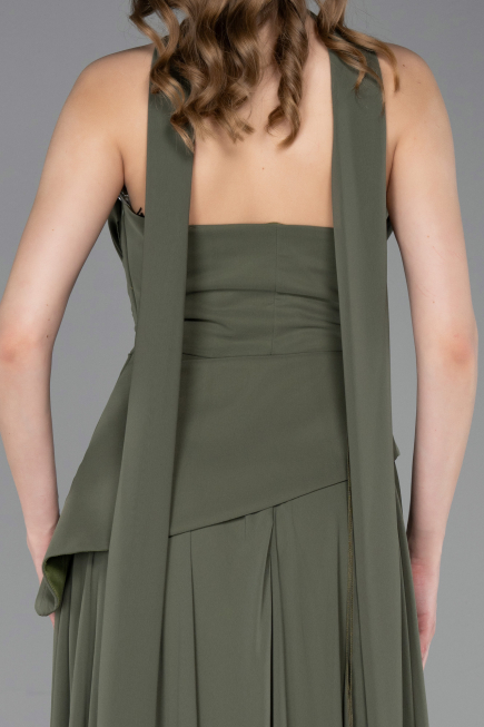 Haki Straplez Peplum Kesim Uzun Şifon Abiye Elbise ABU5763