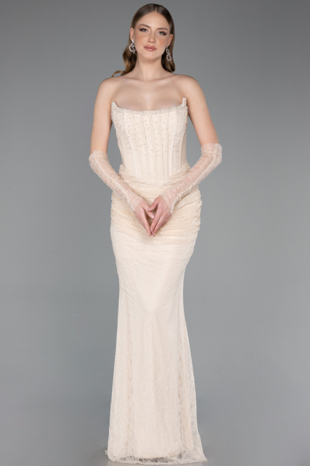 Bej Straplez Kol Aksesuarlı Uzun Dantel Balık Abiye ABU5933