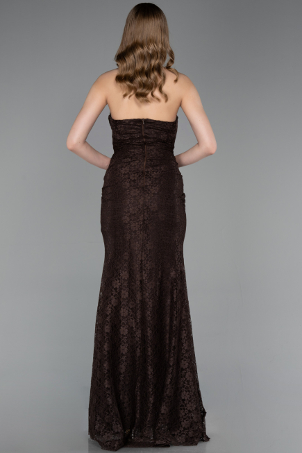 Kahve Straplez Yırtmaçlı Portatif Üst Uzun Dantel Abiye ABU6050