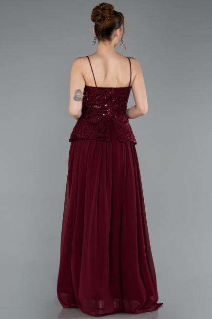 Bordo Üstü Boncuklu Peplum Uzun Şifon Abiye Elbise ABU6076