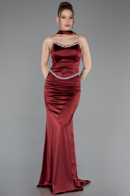 Bordo Taşlı Straplez Peplum Uzun Saten Mezuniyet Elbise ABU6079