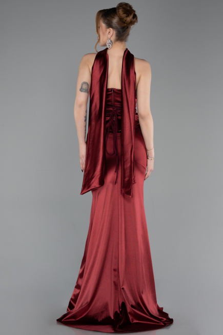 Bordo Taşlı Straplez Peplum Uzun Saten Mezuniyet Elbise ABU6079
