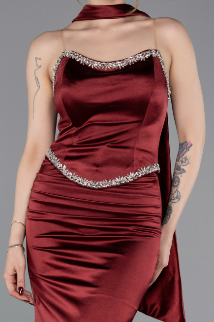 Bordo Taşlı Straplez Peplum Uzun Saten Mezuniyet Elbise ABU6079