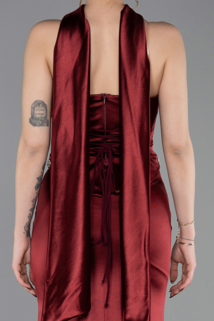 Bordo Taşlı Straplez Peplum Uzun Saten Mezuniyet Elbise ABU6079