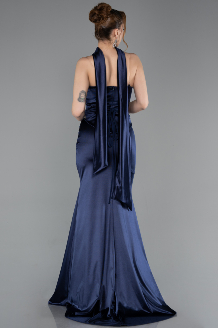Lacivert Taşlı Straplez Peplum Uzun Saten Mezuniyet Elbise ABU6079