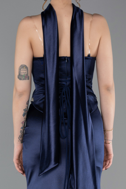 Lacivert Taşlı Straplez Peplum Uzun Saten Mezuniyet Elbise ABU6079
