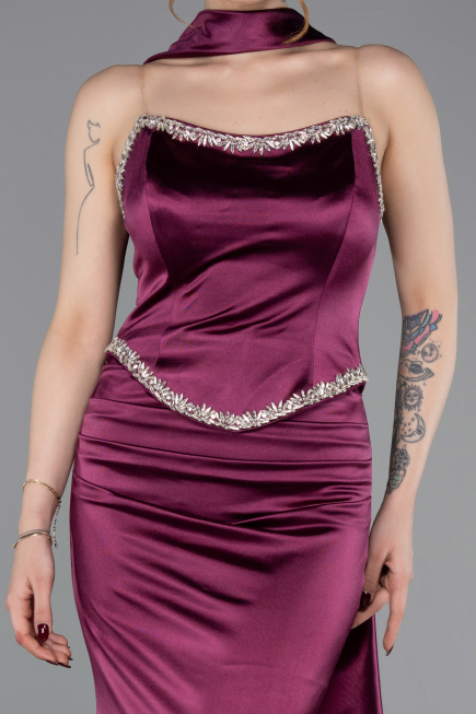 Mürdüm Taşlı Straplez Peplum Uzun Saten Mezuniyet Elbise ABU6079